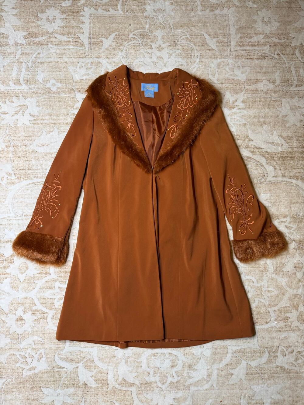 Vintage Orange Brown Faux Fur Lined Embroidered Coat